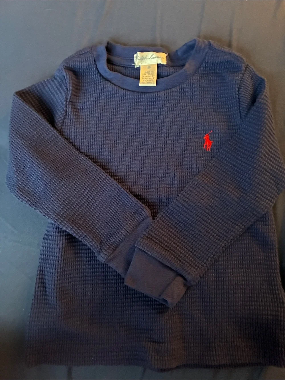 Ralph Lauren Navy Waffle Knit Long-Sleeve Tee with Red Pony